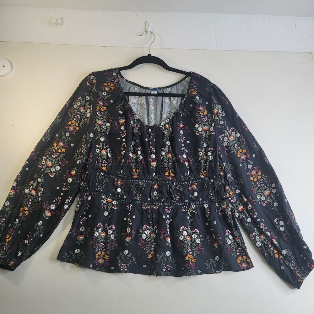 Old Navy XL Black Floral Boho Peasant Blouse Ladder Trim Babydoll Top Cottagecor